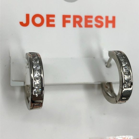 NWT Joe Fresh Silver-Toned Cubic Zirconia Small Hoop Earrings - Picture 2 of 9